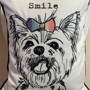 Pottery Barn Teen Happy Yorkshire Terrier Dog Smile Rainbow Sequins Bow Pillow